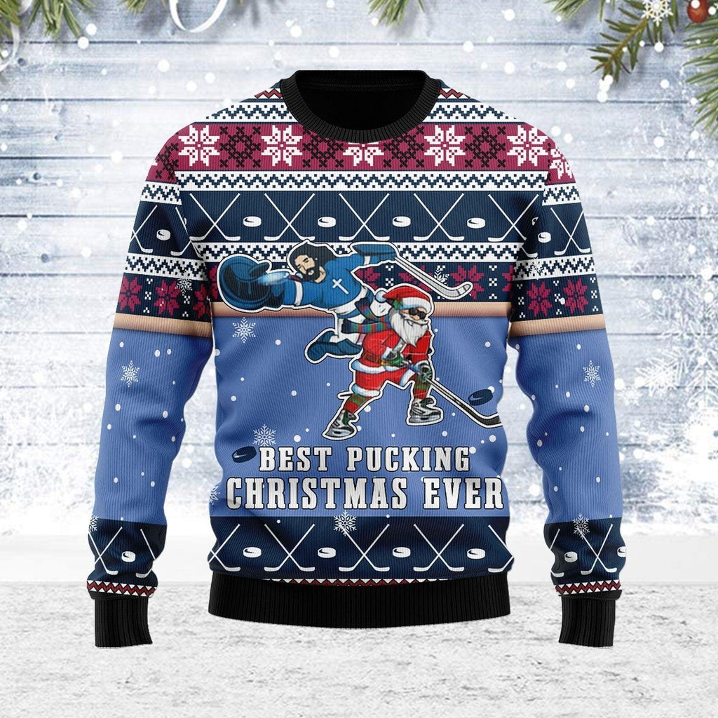 Best Pucking Christmas Ever Jesus And Santa Claus Ugly Christmas Sweater - OodieGang