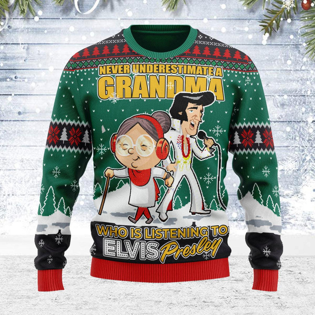 Elvis With Grandma Christmas Ugly Sweater - Oodiegang.com