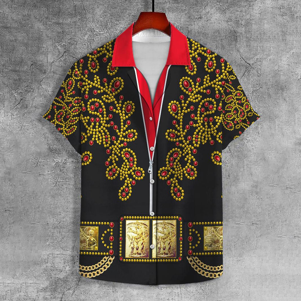 OodieGang Elvis Spanish Flower - Black With Red Stones UNISEX CASUAL HAWAIIAN SHIRT - OodieGang.com