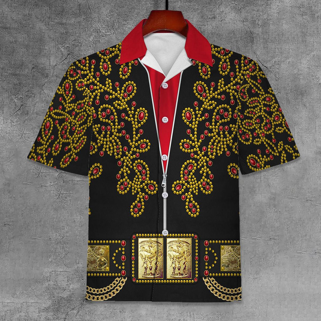 CustomsPig Elvis Spanish Flower - Black With Red Stones Unisex Hawaii Shirt - CustomsPig.com