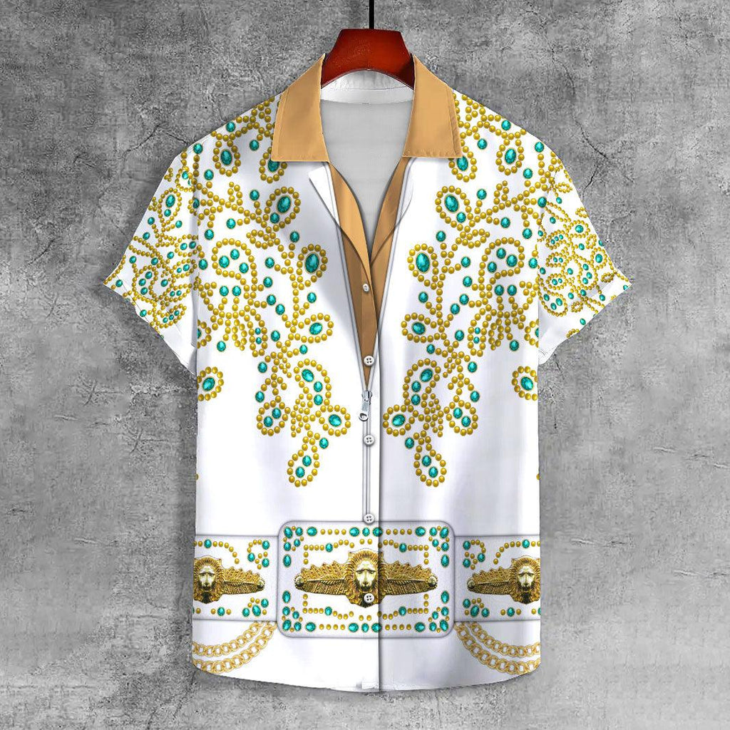 OodieGang Elvis Spanish Flower - White With Green Stones UNISEX CASUAL HAWAIIAN SHIRT - OodieGang.com