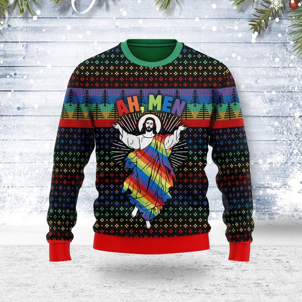 Jesus Ah Men LGBTQ+ Ugly Christmas Sweater - OodieGang